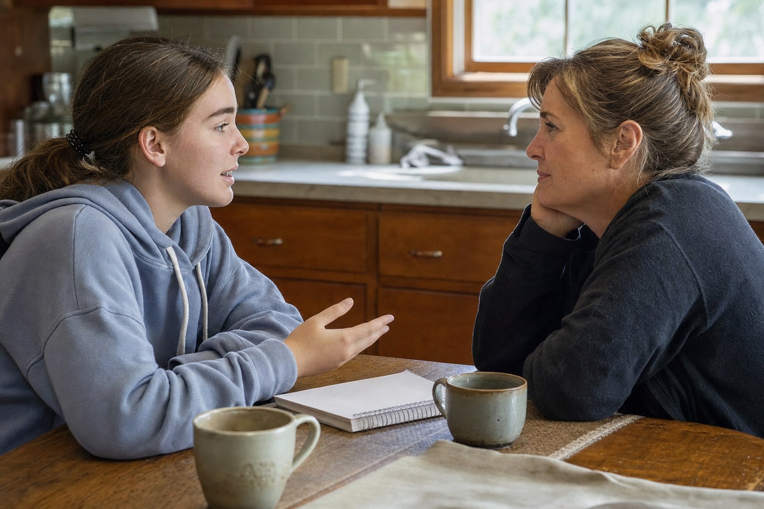 A teen and parent talking calmly at a kitchen table.