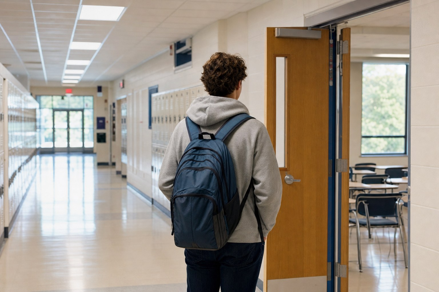 A high school student with a backpack pausing outside an open classroom door.
