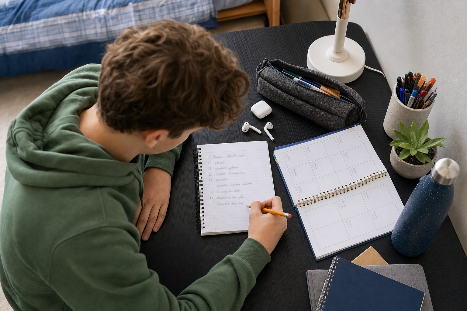 A teen using a planner and notebook to prepare a manageable next step.