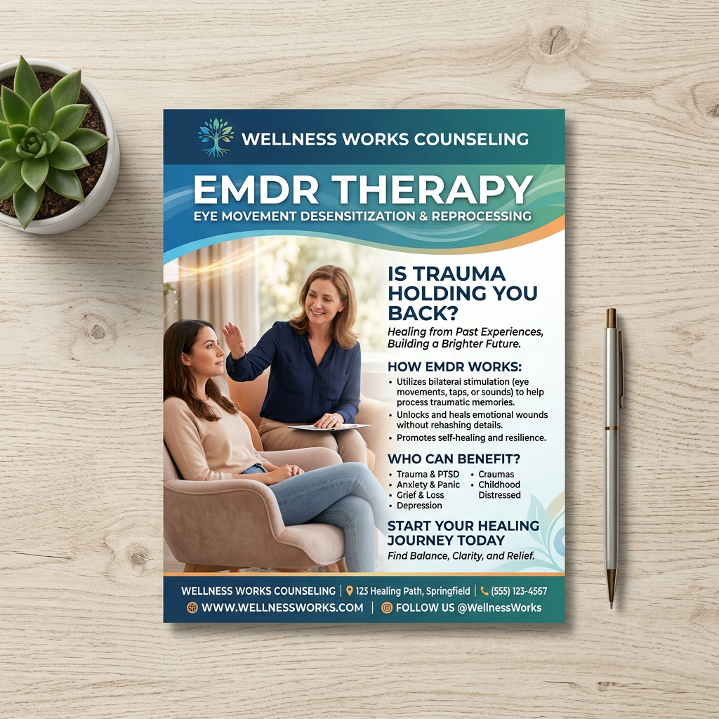 A Wellness Works Counseling Services resource graphic about EMDR therapy.