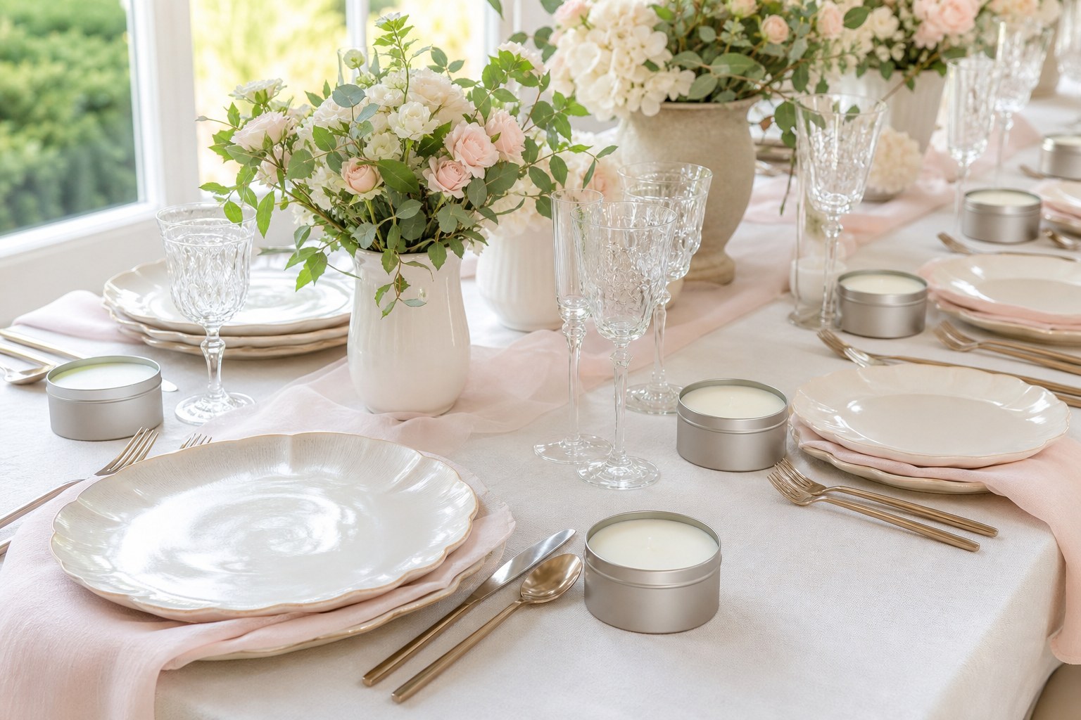 Silver candle tins arranged on a floral shower table
