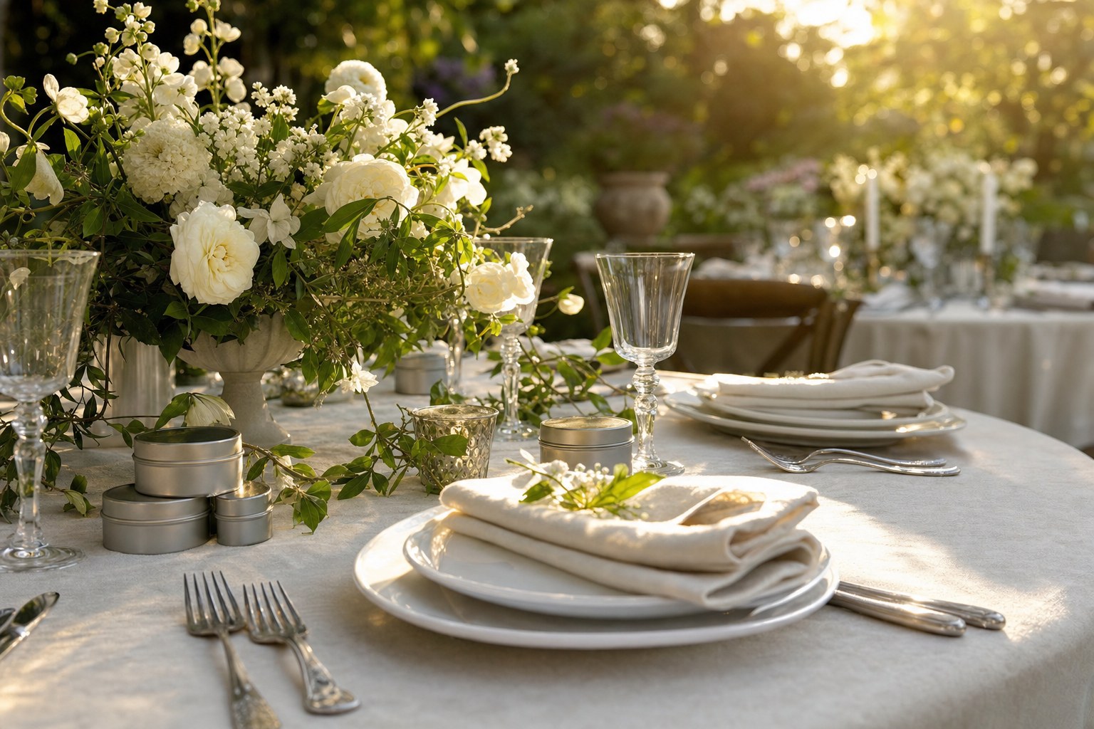 Silver candle tins arranged as favors on an outdoor wedding table