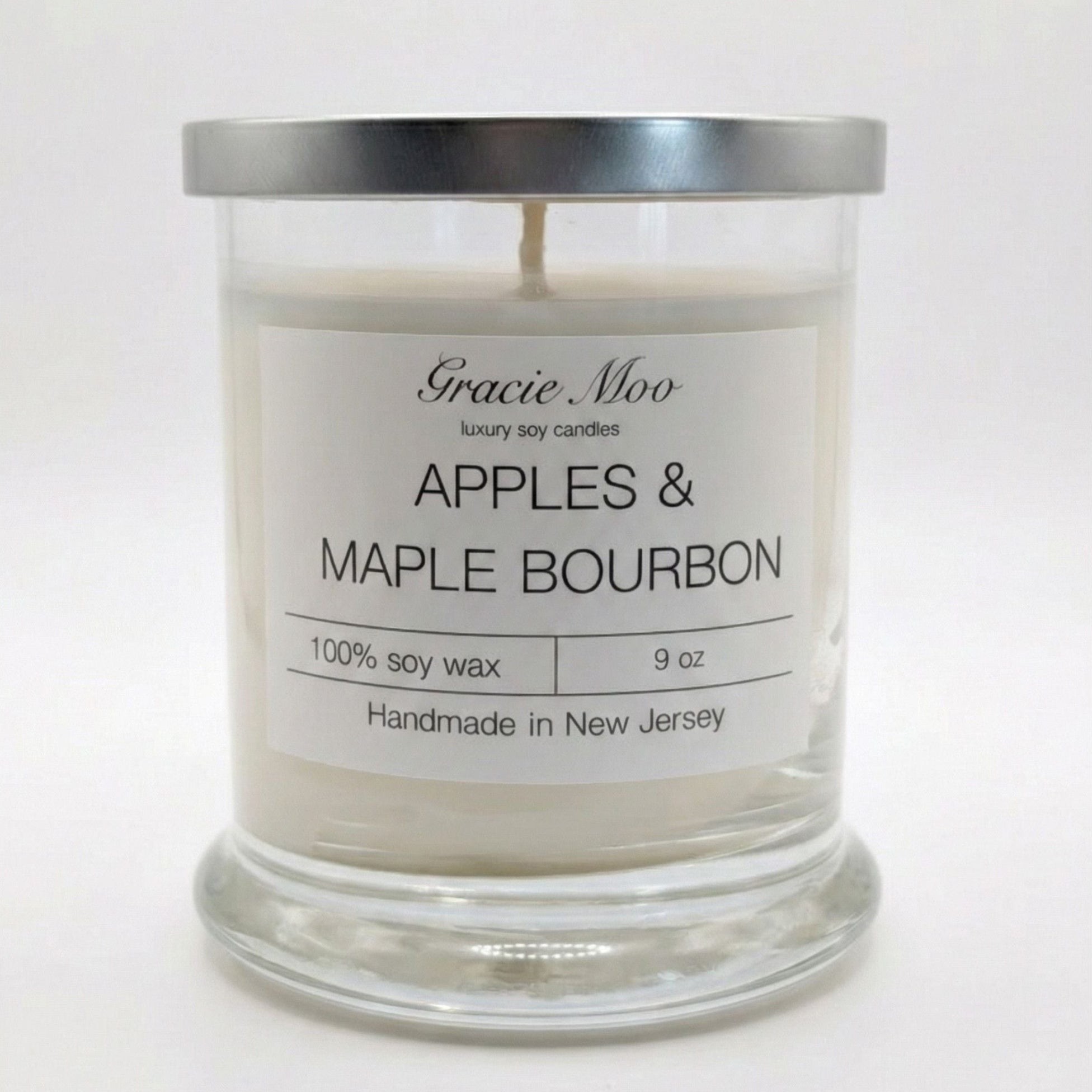 Apples & Maple Bourbon candle in Gracie Moo's clear glass jar