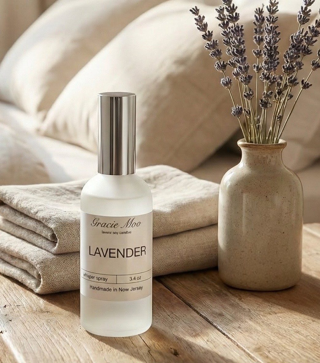 Gracie Moo Lavender Whisper Spray beside folded linen and dried lavender