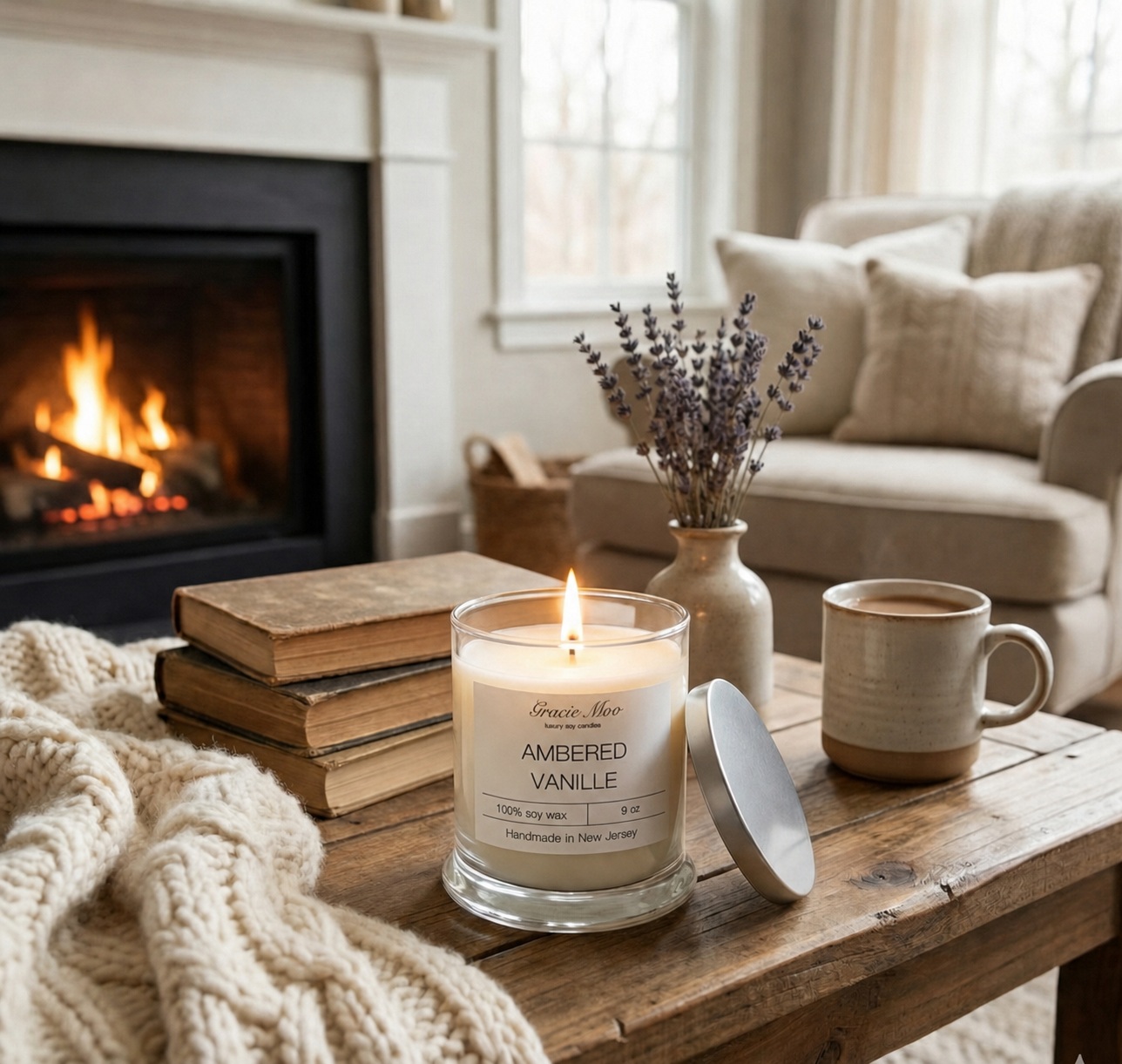 Ambered Vanille candle glowing beside a fireplace in a cozy living room