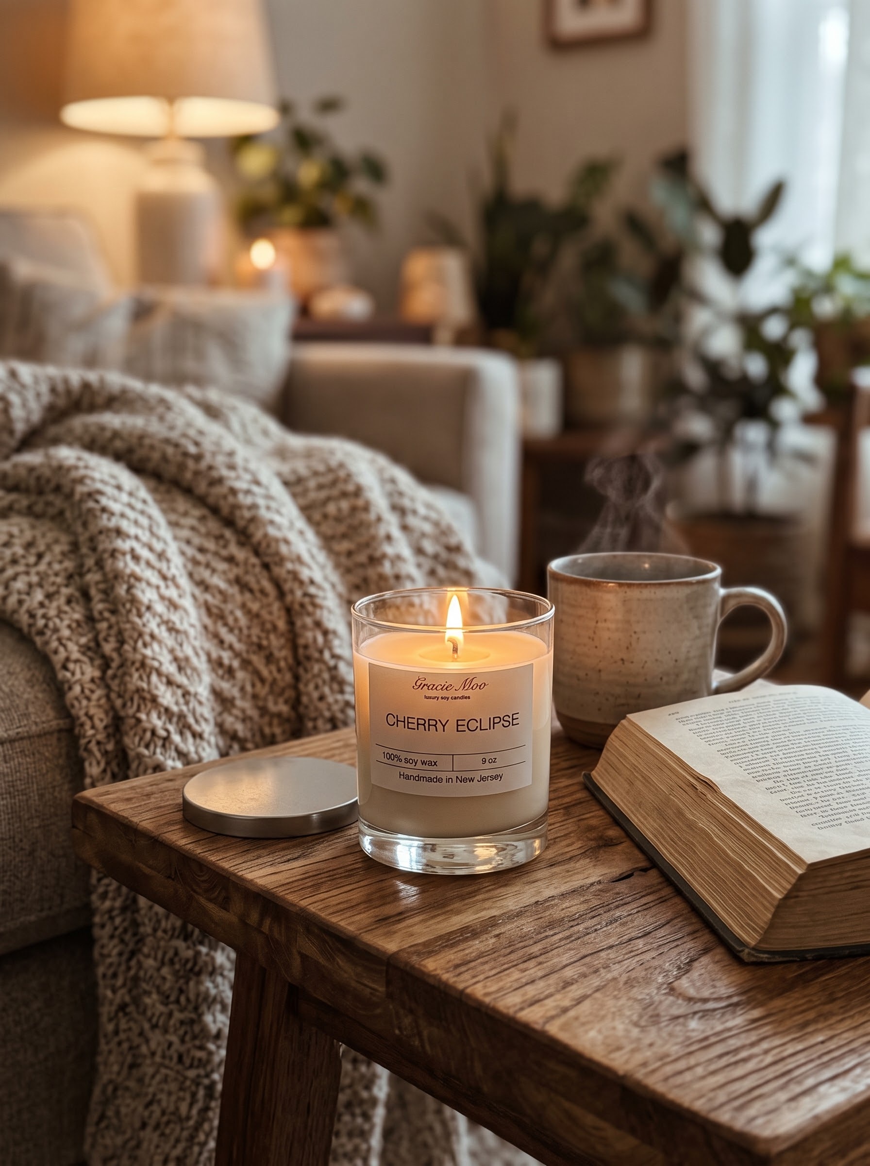 Cherry Eclipse candle glowing beside an open book and a warm mug
