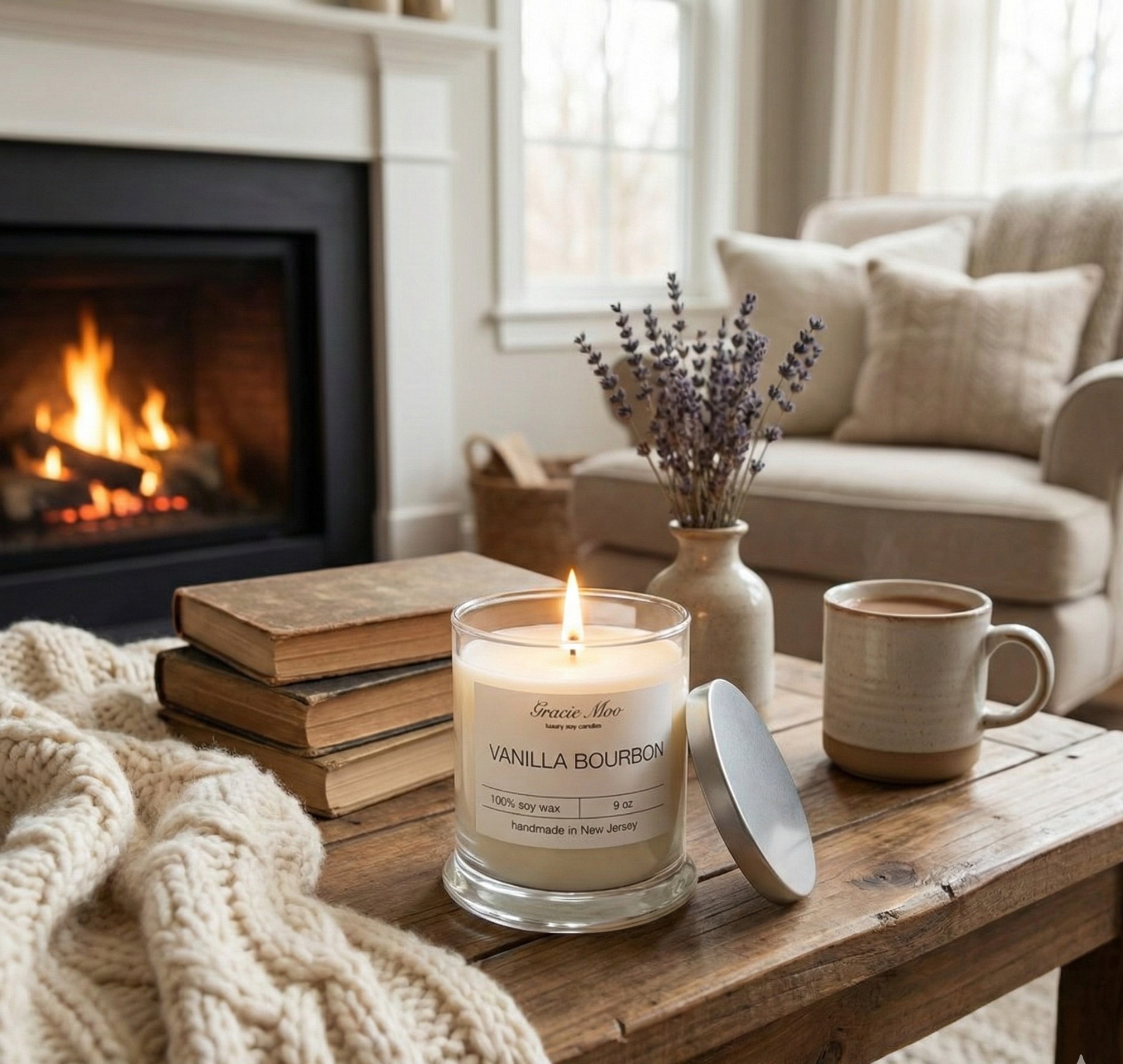 Vanilla Bourbon candle glowing beside a fireplace in a cozy living room