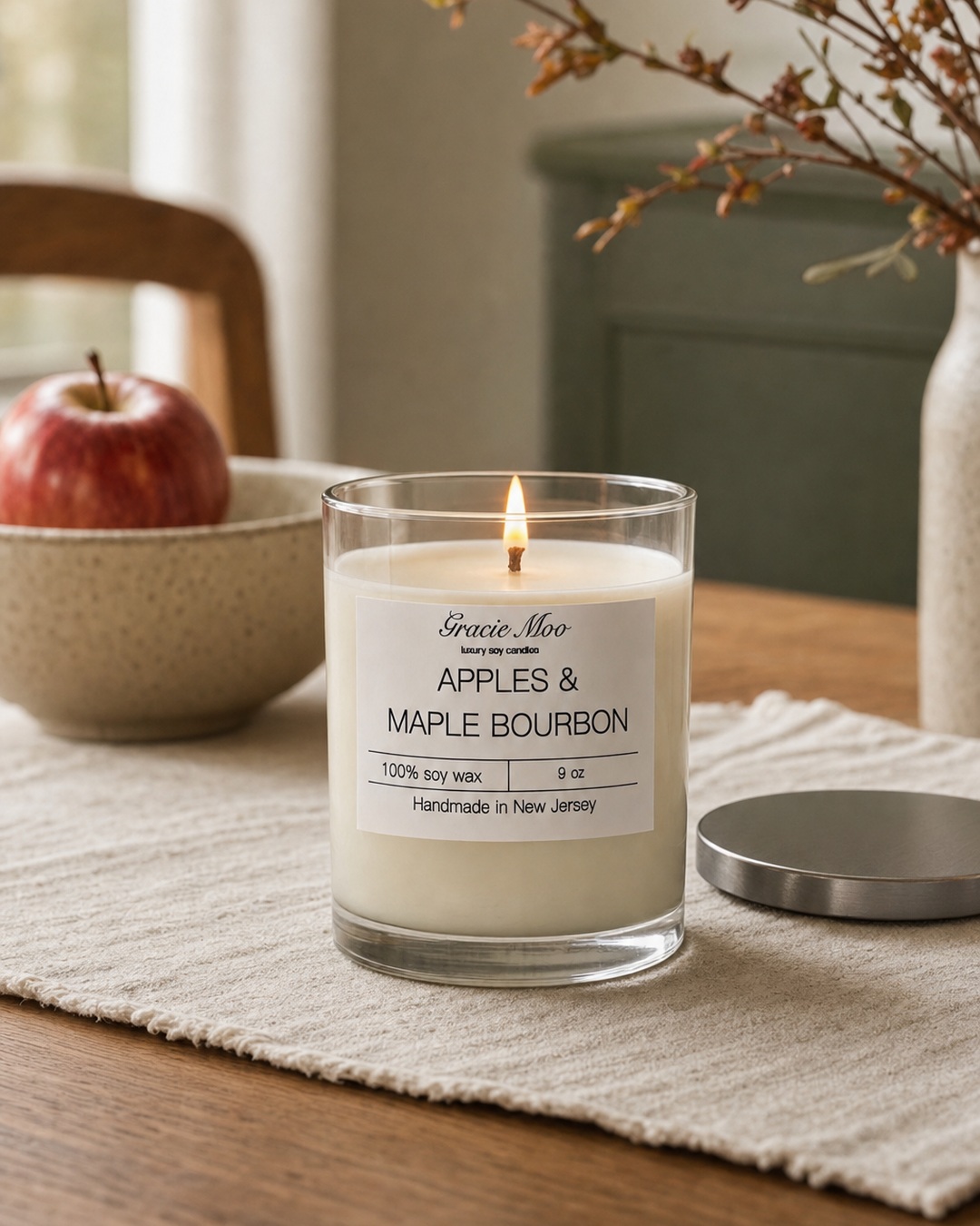 Apples & Maple Bourbon candle glowing on an autumn table with ivory linen and fresh apples