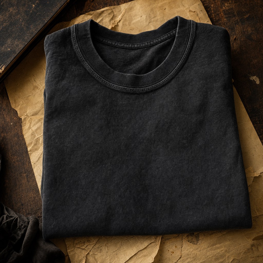 A folded black vintage-style tee on an aged paper backdrop