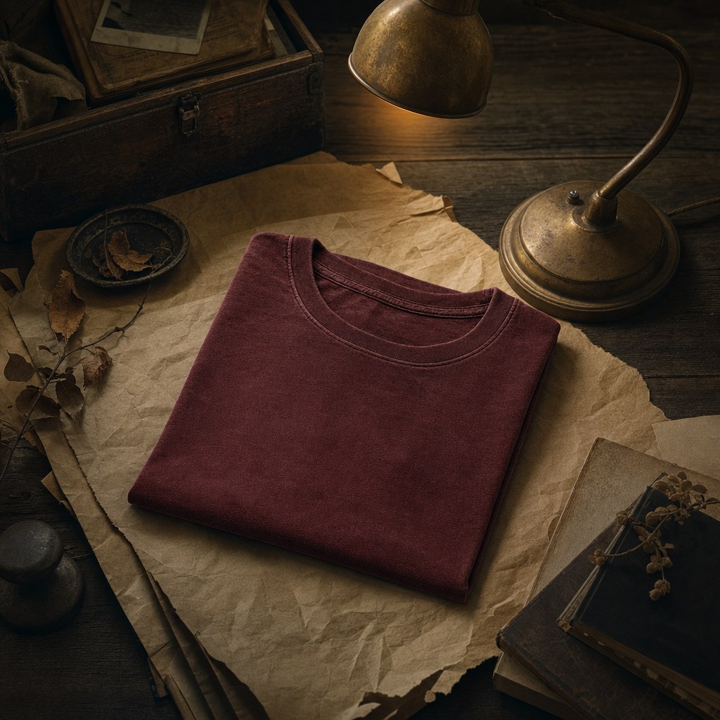 A burgundy vintage-style tee on a heritage desk under warm light