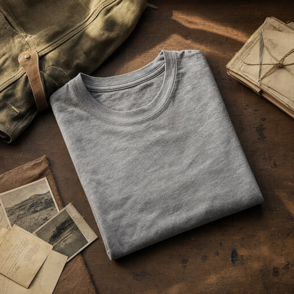 A folded gray vintage-style tee with archival materials