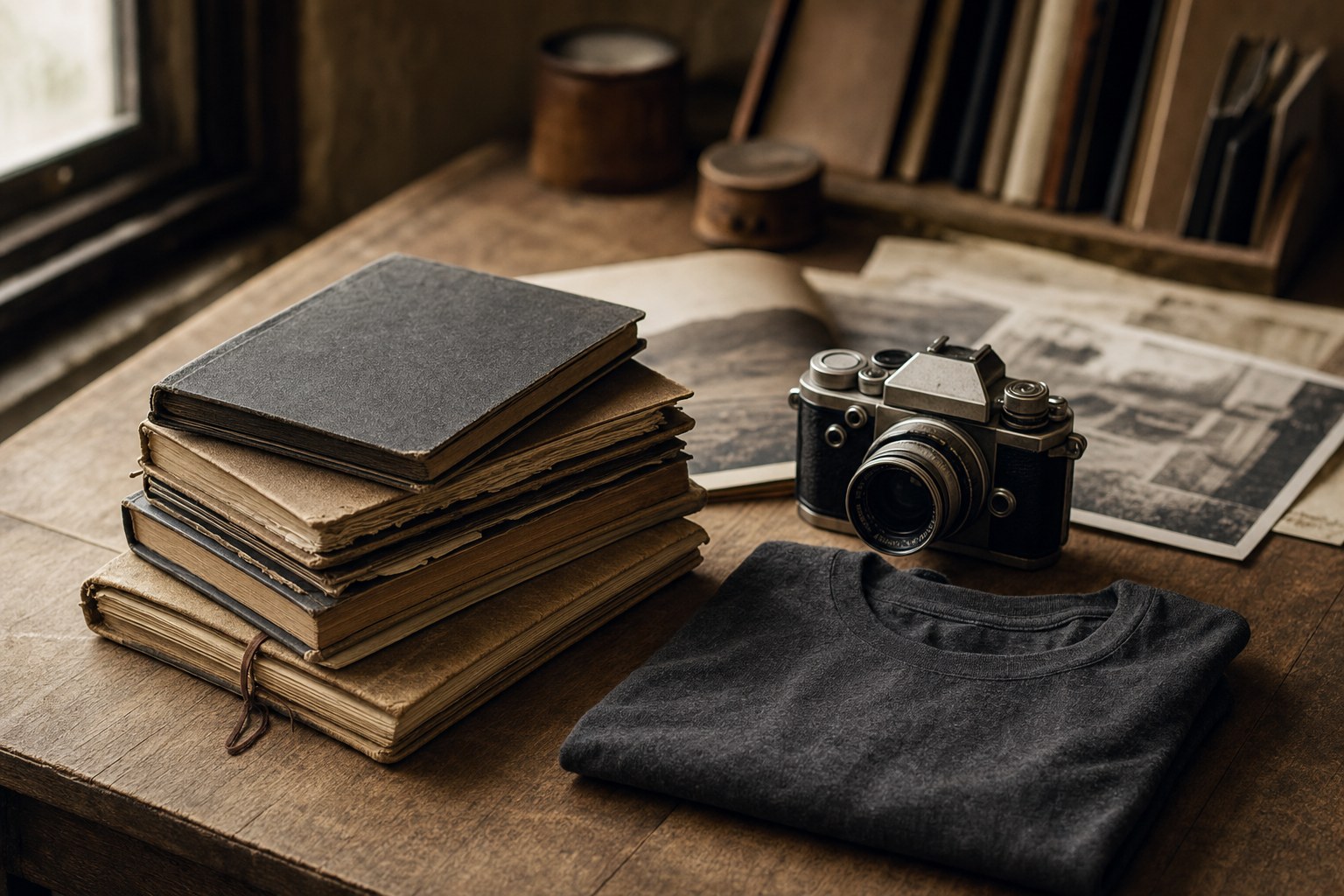 Field notebooks, an analog camera and a folded charcoal tee on an archival worktable