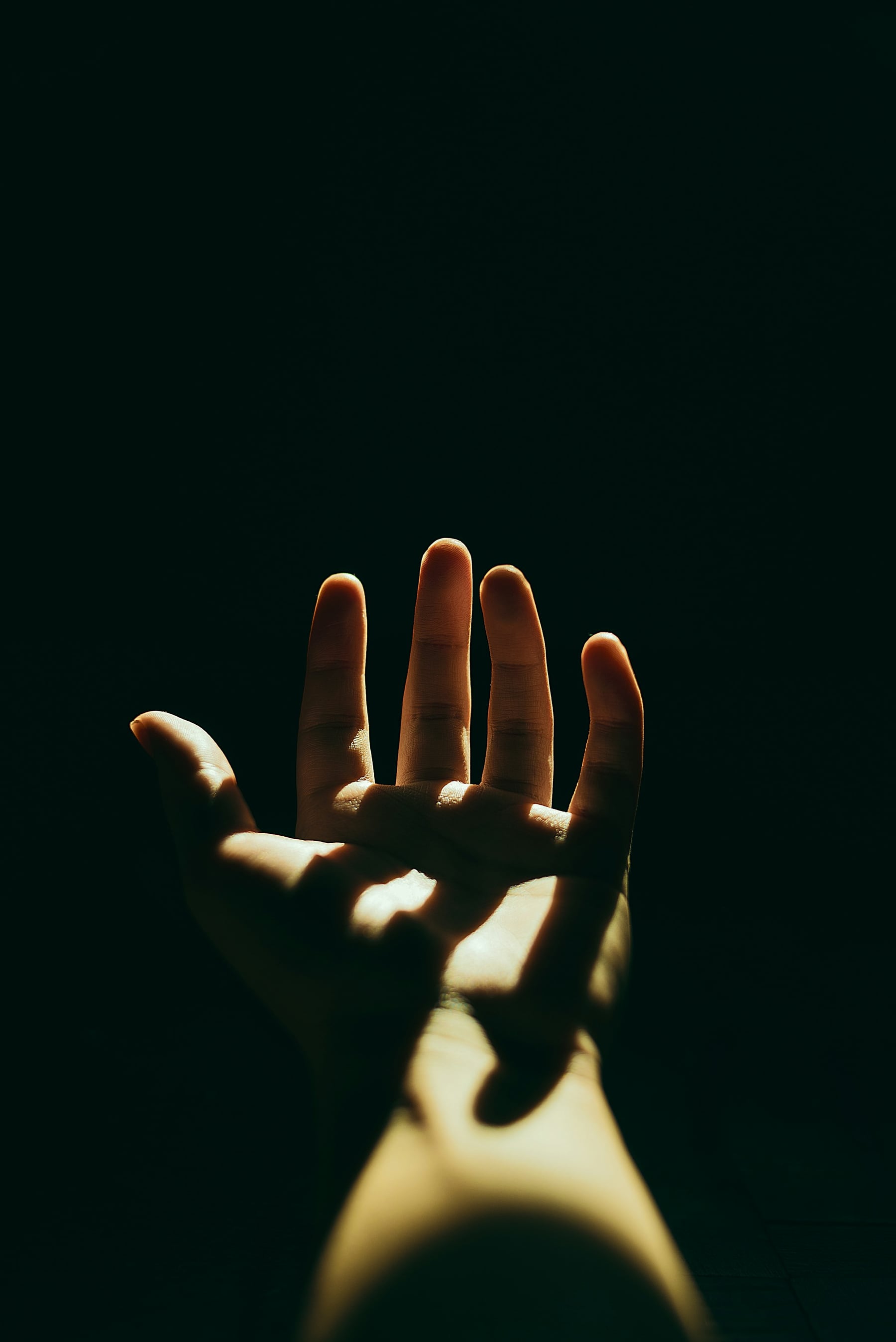 Hand reaching into warm light against a dark background