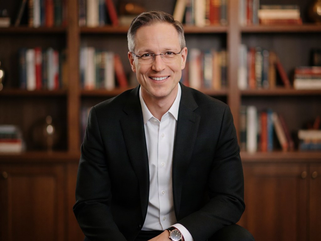 Stephen Deason seated before a bookshelf