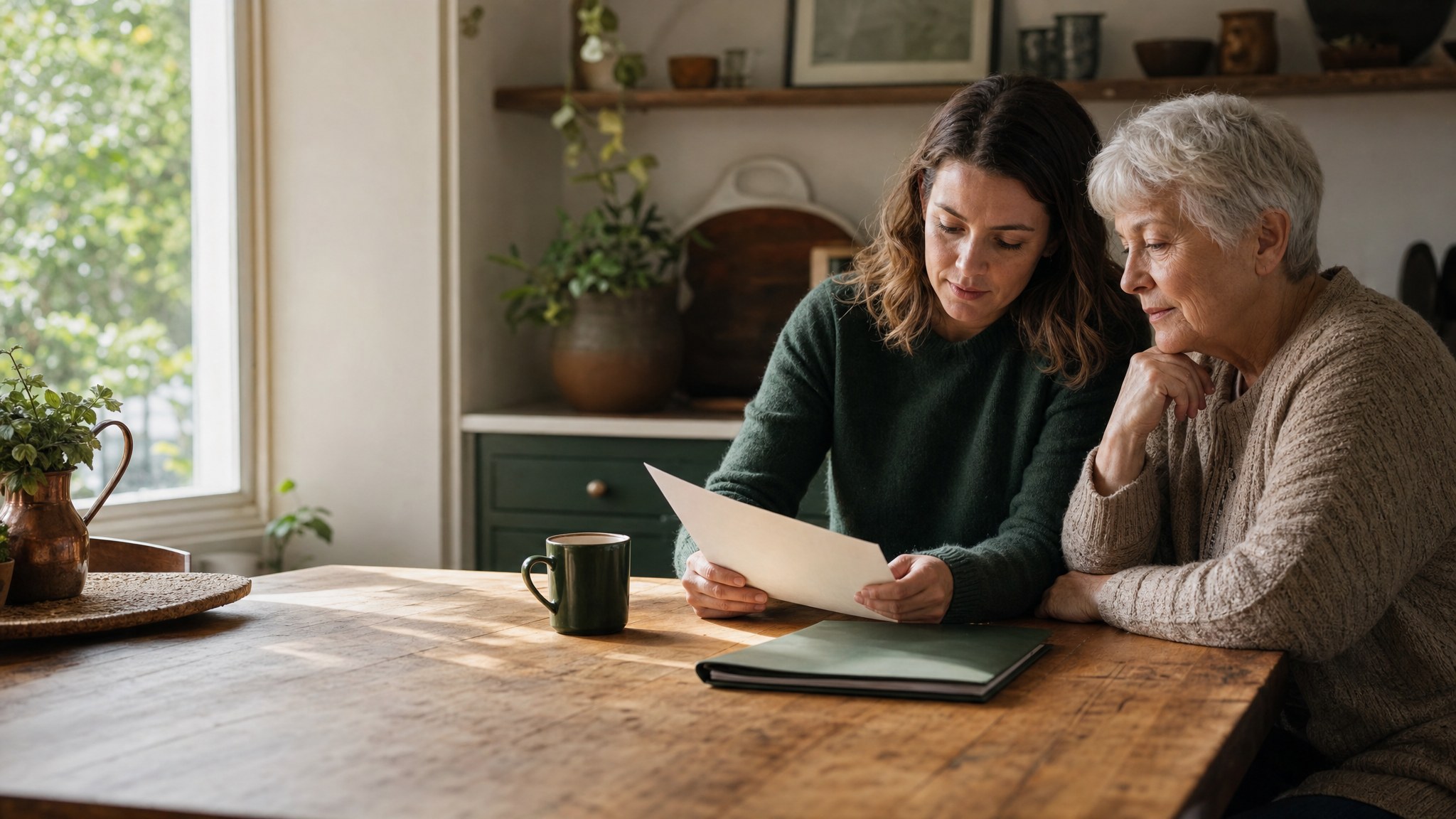 An adult daughter and older mother reviewing a paper together at a kitchen table