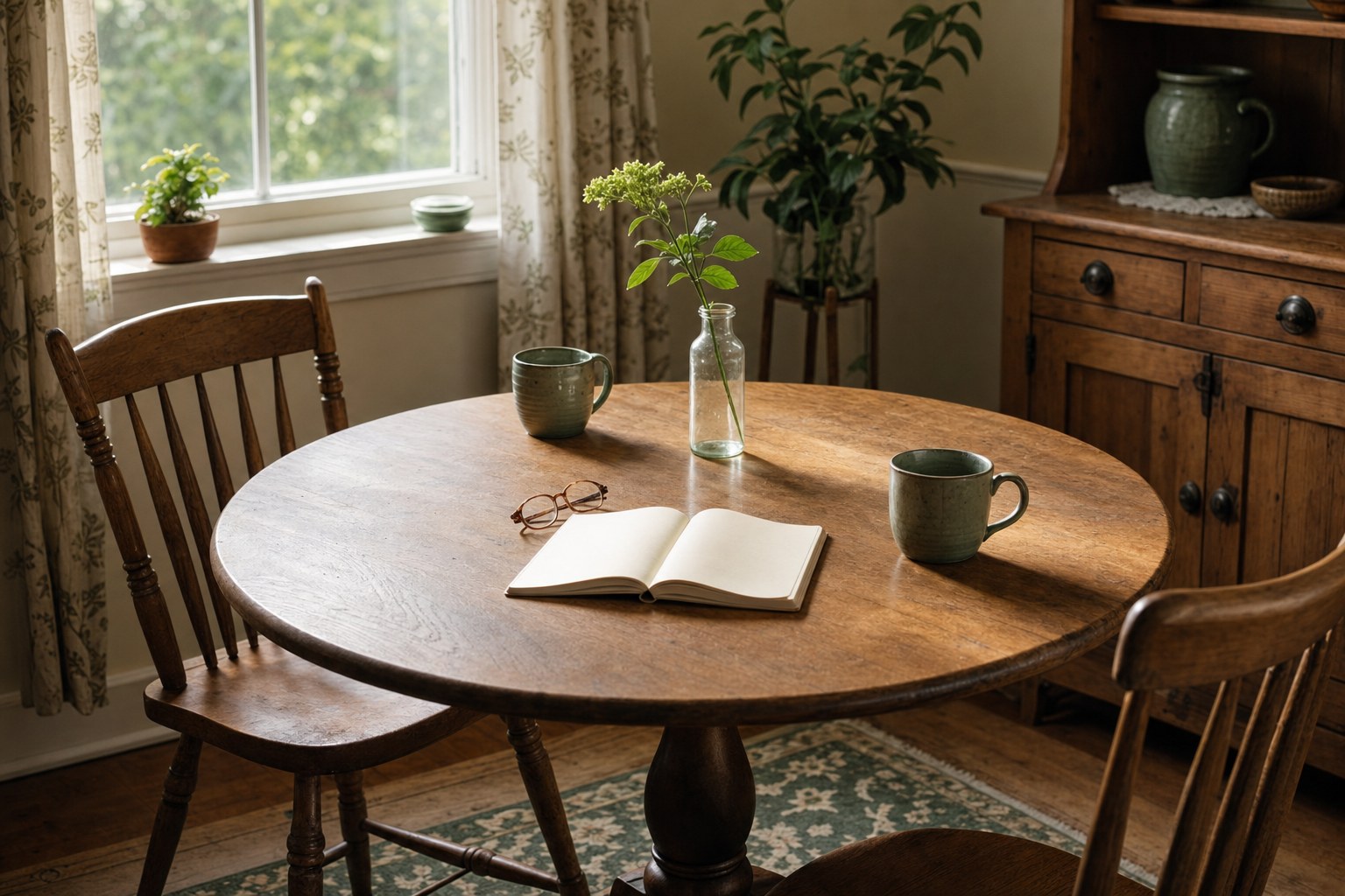 A kitchen table set with two chairs, a notebook, and mugs for an unhurried conversation