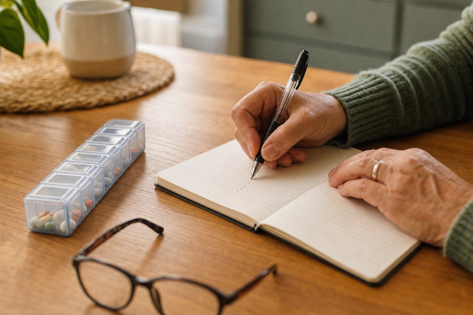 Hands writing questions in a notebook beside a weekly pill organizer