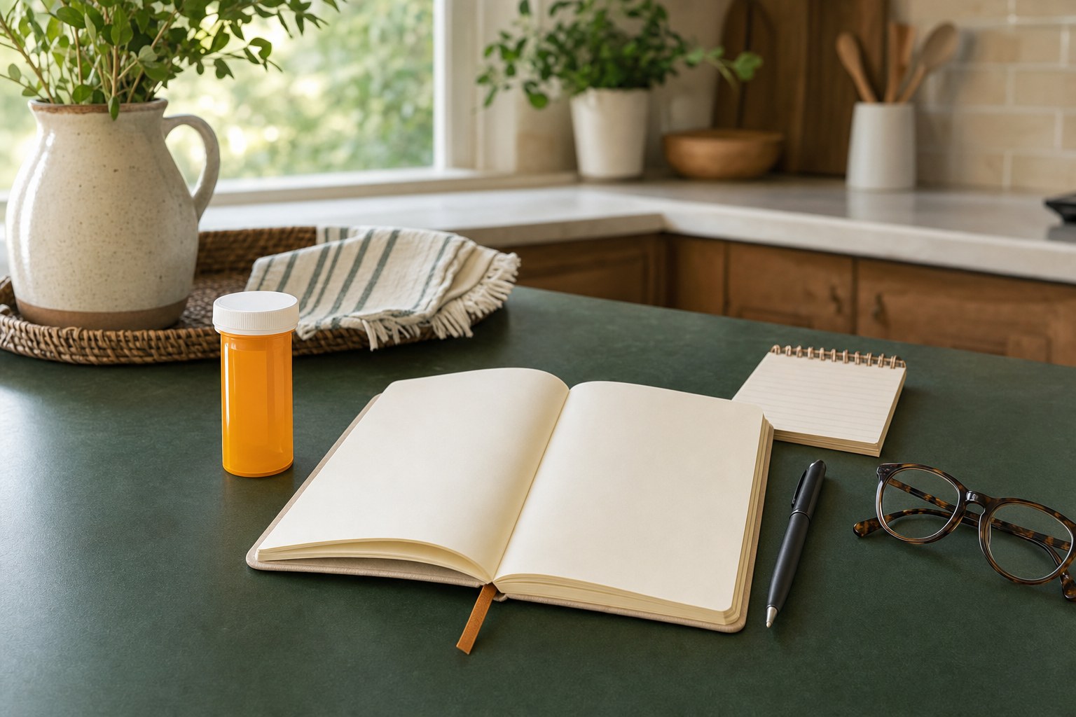 A notebook, pen, glasses, and unmarked prescription bottle on a kitchen table prepared for appointment questions