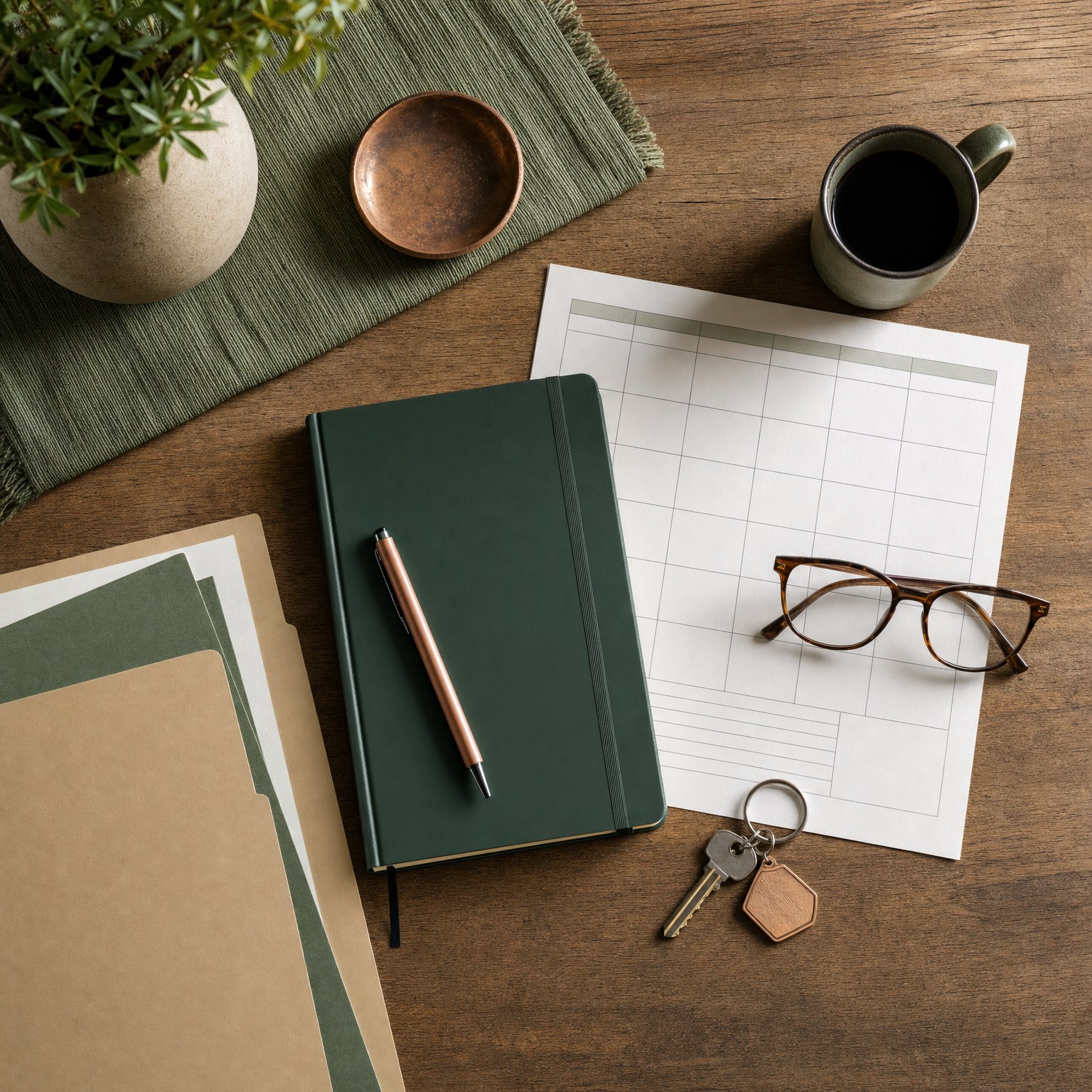 A notebook, calendar, folder, keys, and glasses arranged for family care planning