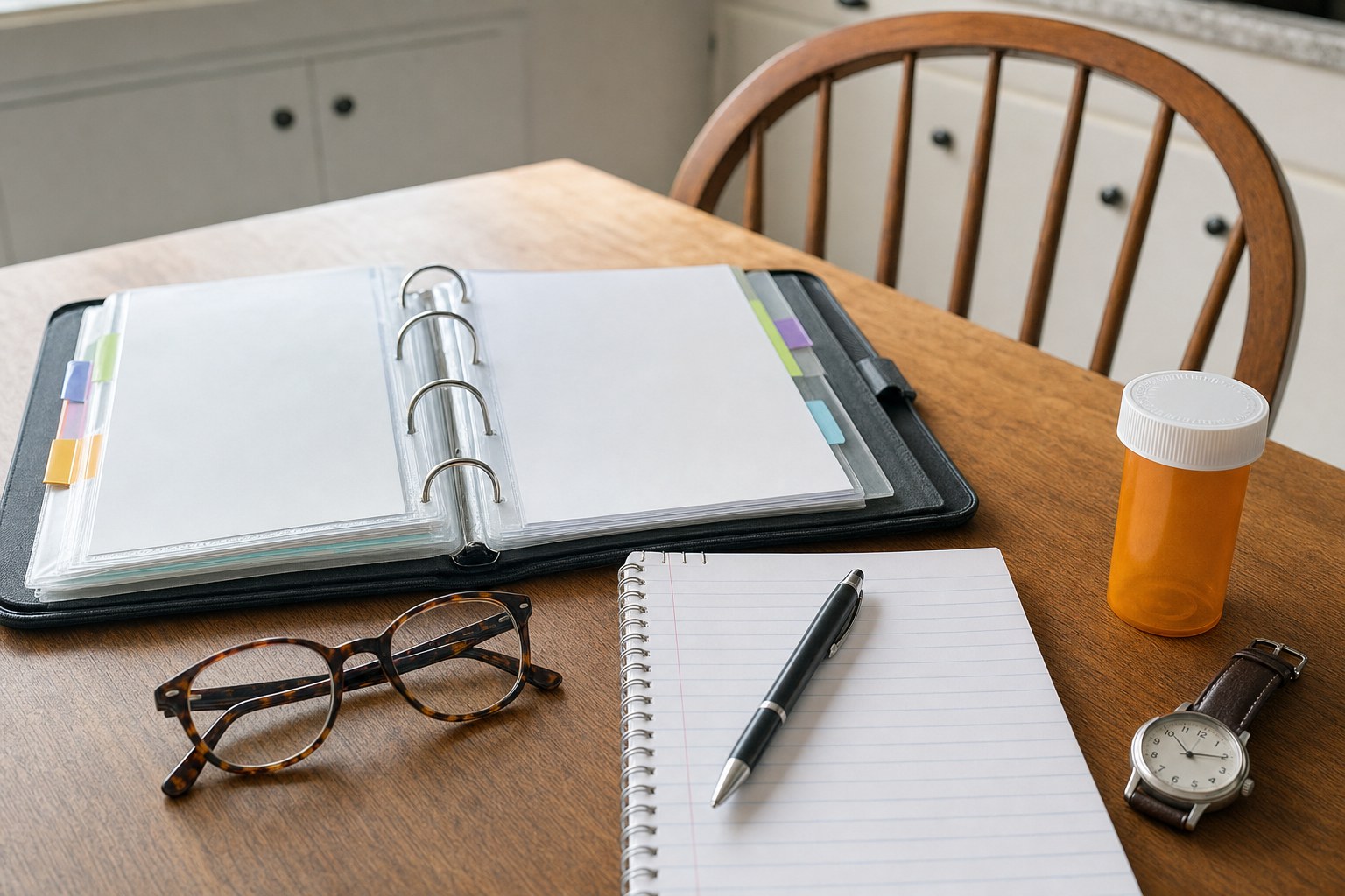 A caregiver binder, blank notebook, eyeglasses, and medicine bottle arranged for appointment preparation