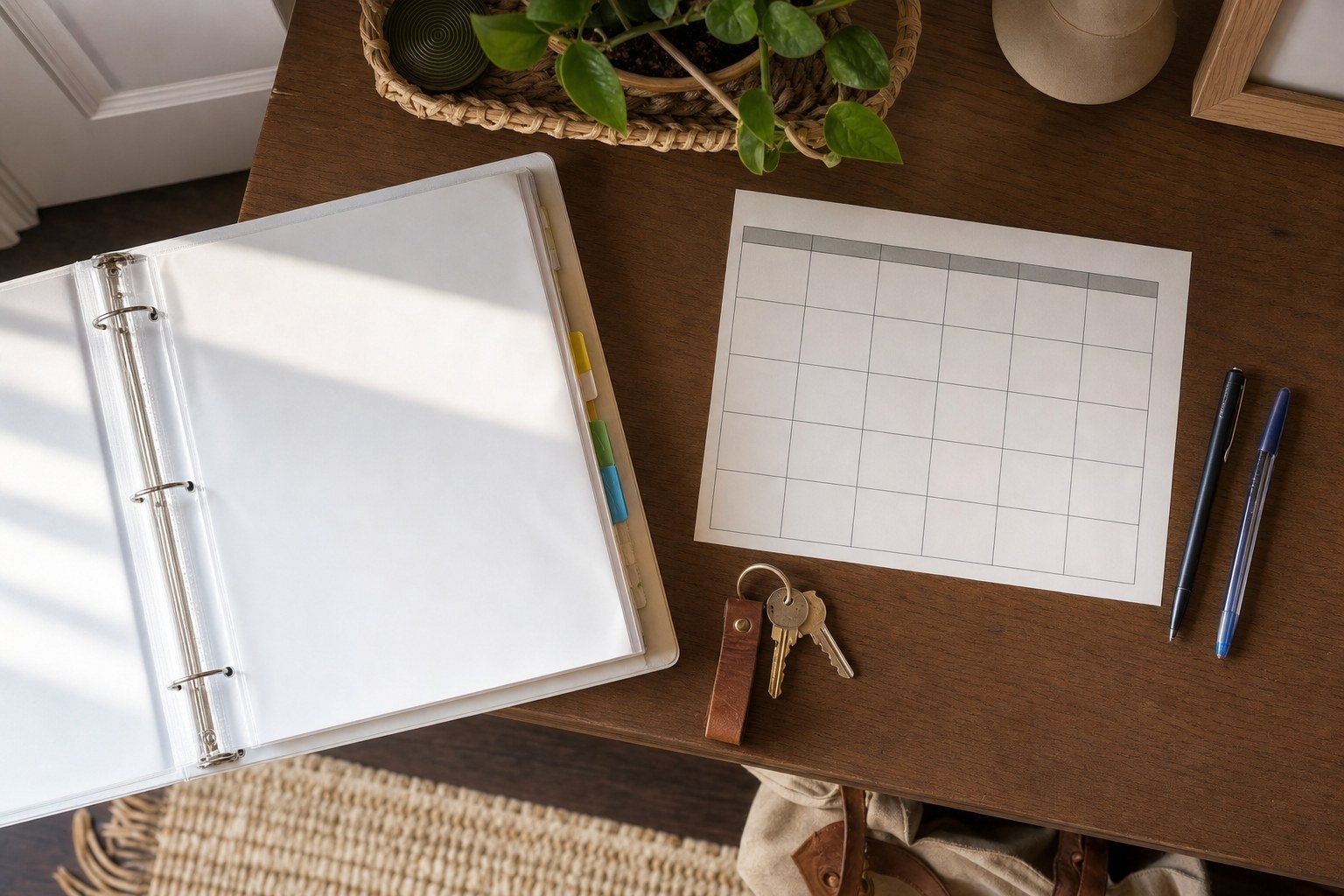 An open caregiver binder, blank calendar, house keys, and pens arranged for a family handoff