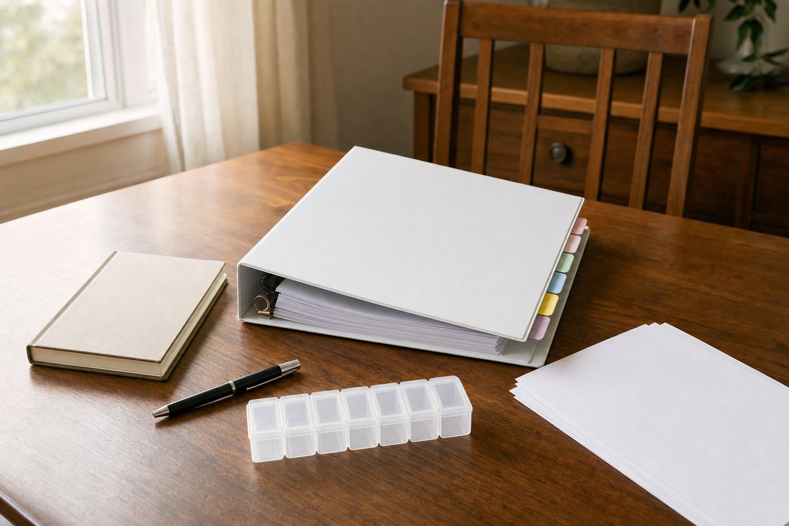 A caregiver binder, notebook, pill organizer, and blank papers on a dining table