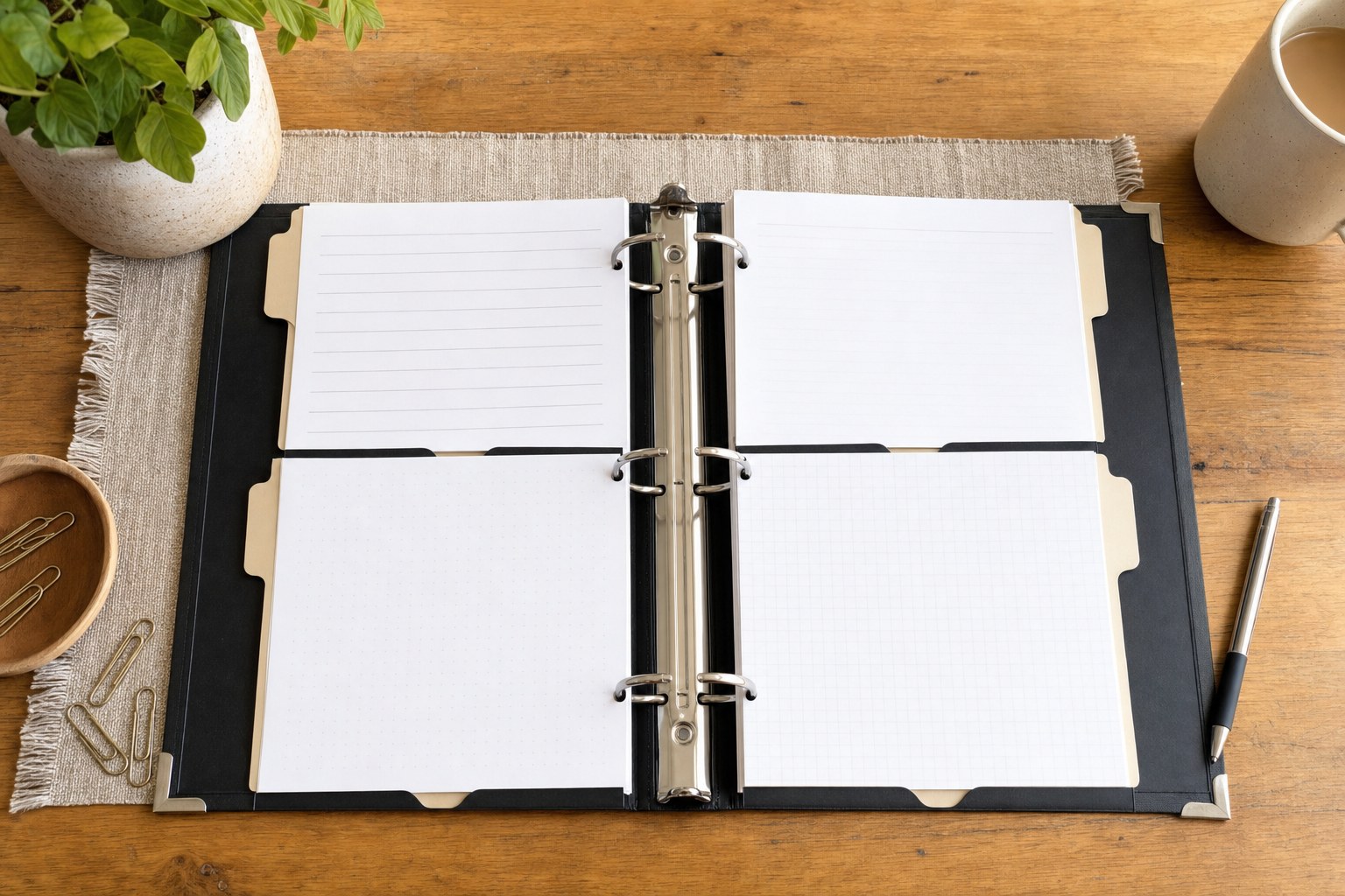 An open binder divided into four blank sections on a home desk