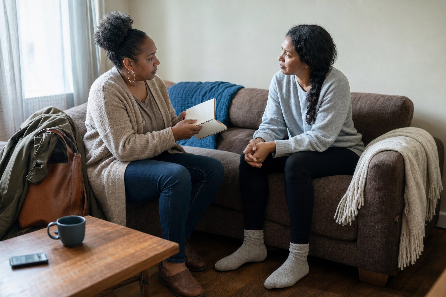 Two adult relatives having a calm conversation with a notebook in a living room