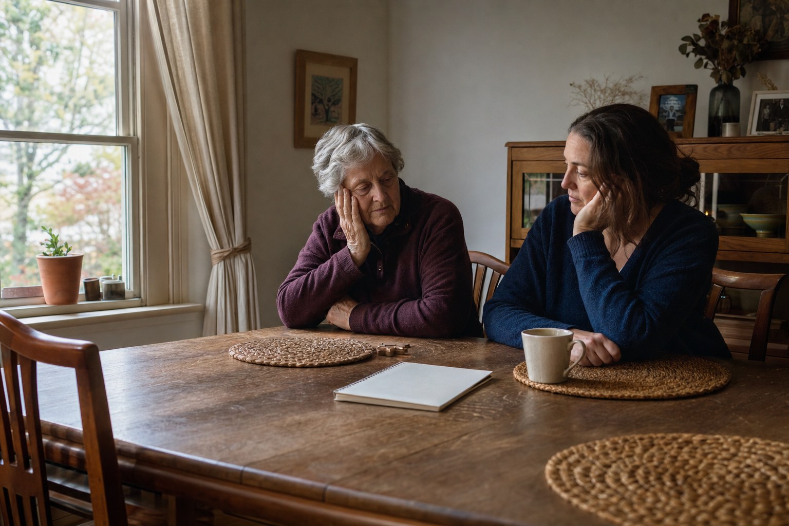 An older adult and adult family member sitting quietly at a dining table