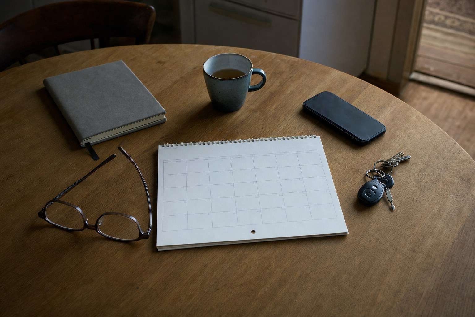 A blank calendar, notebook, tea cup, phone, glasses, and keys on a kitchen table