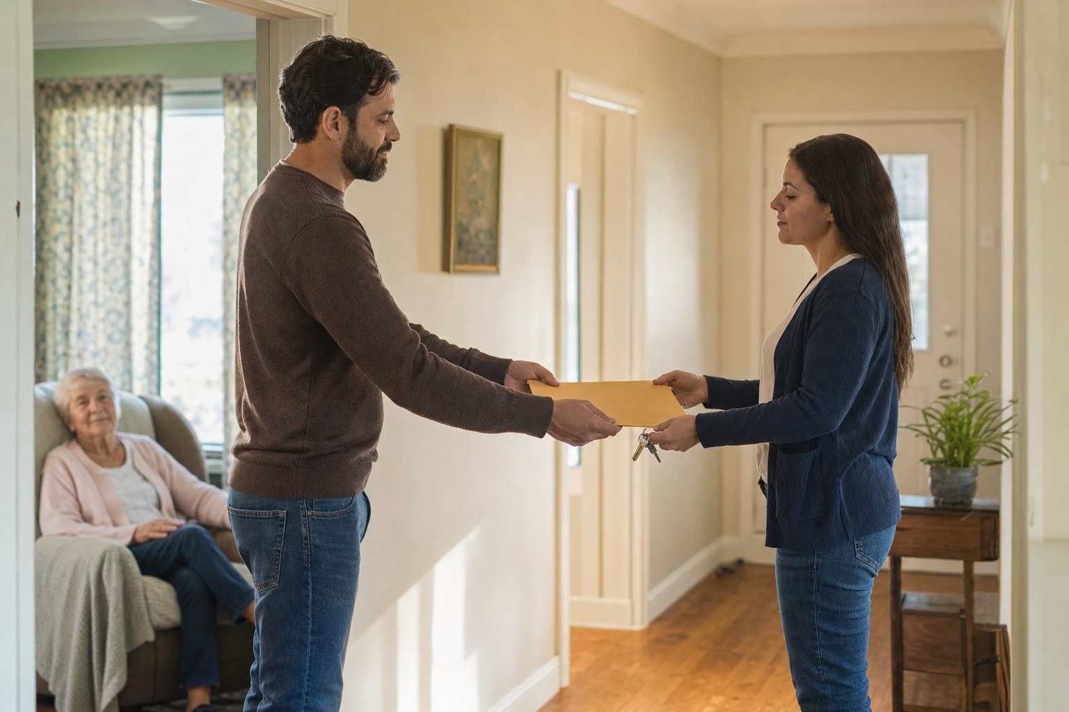Two adult family members exchanging a folder and house keys during a home-care handoff