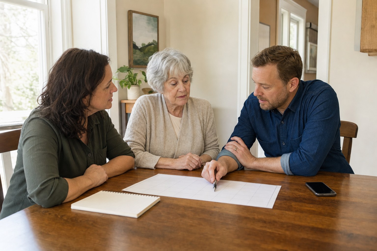 An older adult and two adult family members planning together at a dining table