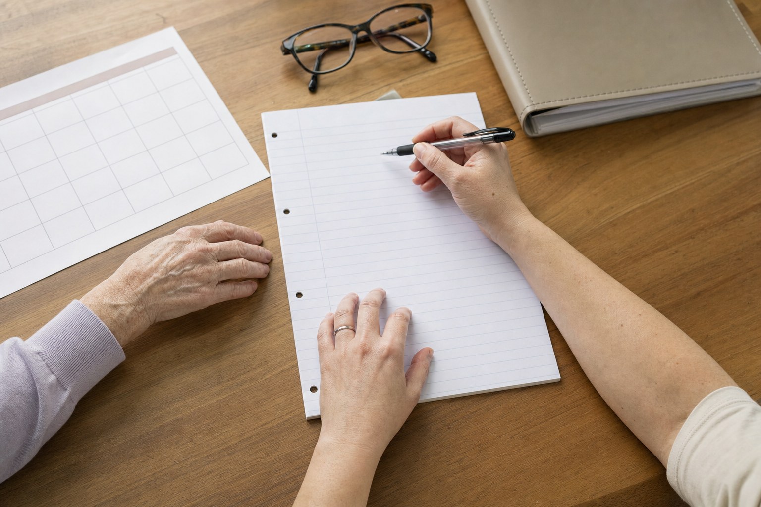 Family members writing a care-planning task sheet beside a calendar and notebook