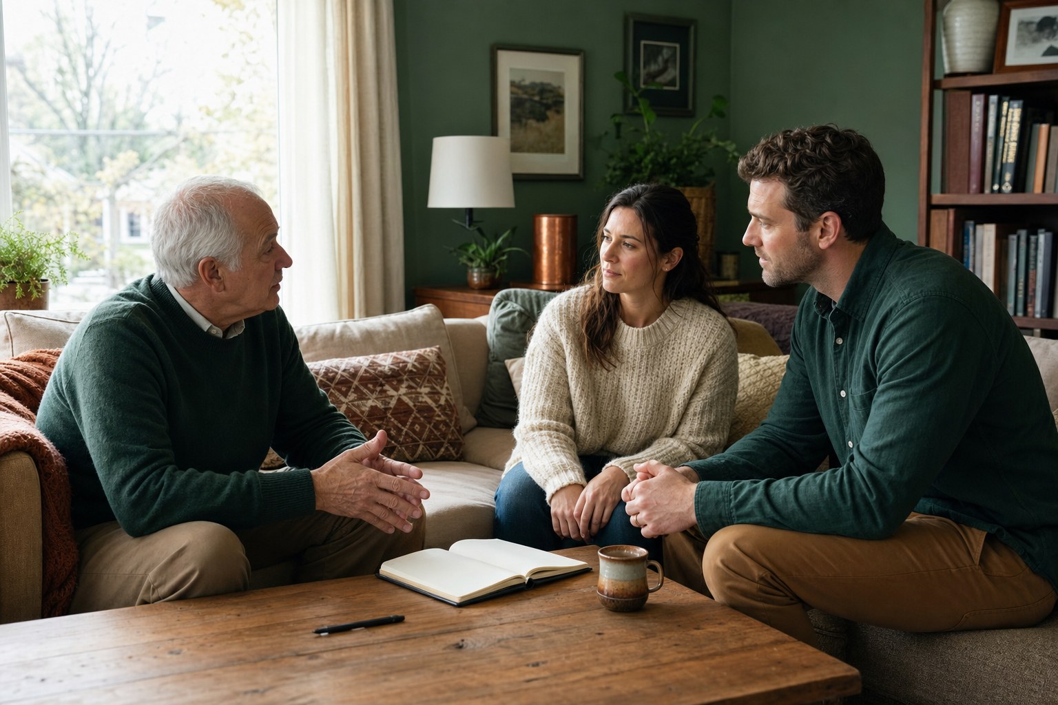 An older parent talking with two adult family members in a living room