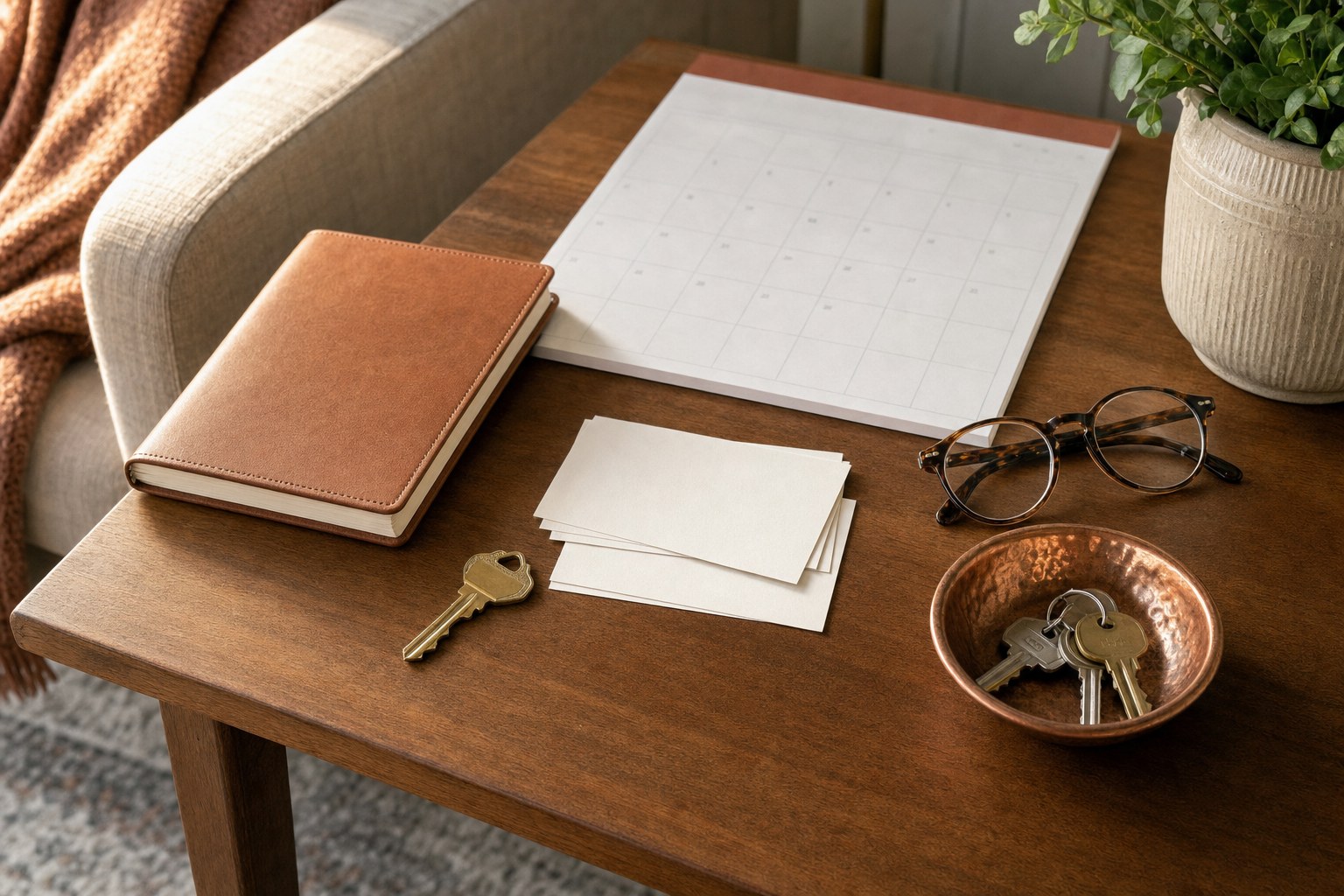 A side table with a notebook, blank cards, calendar page, glasses, and keys representing a planned family handoff