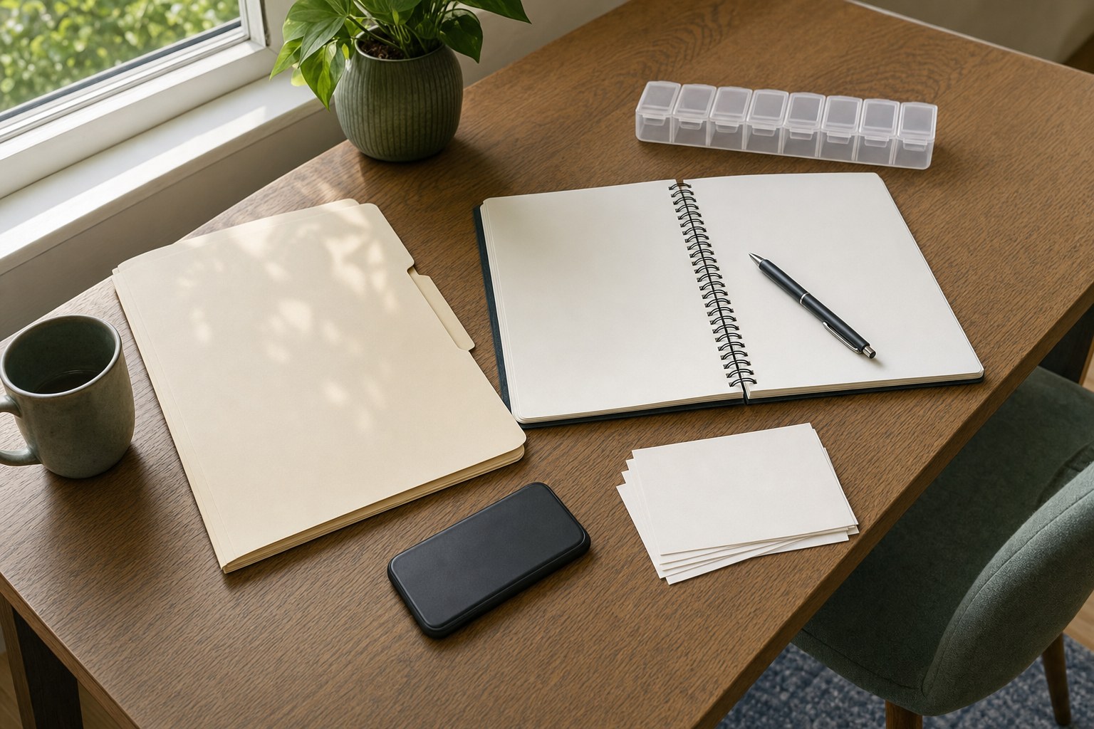 A home desk with a notebook, folder, blank cards, pen, and pill organizer prepared for organizing care information