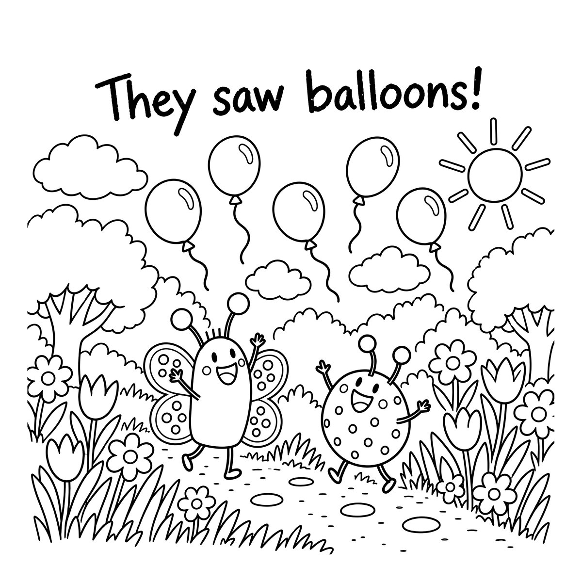 Free coloring sheet showing the butterfly, ladybug, and balloons in black and white