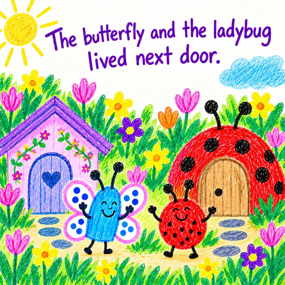 The butterfly and the ladybug outside their neighboring homes