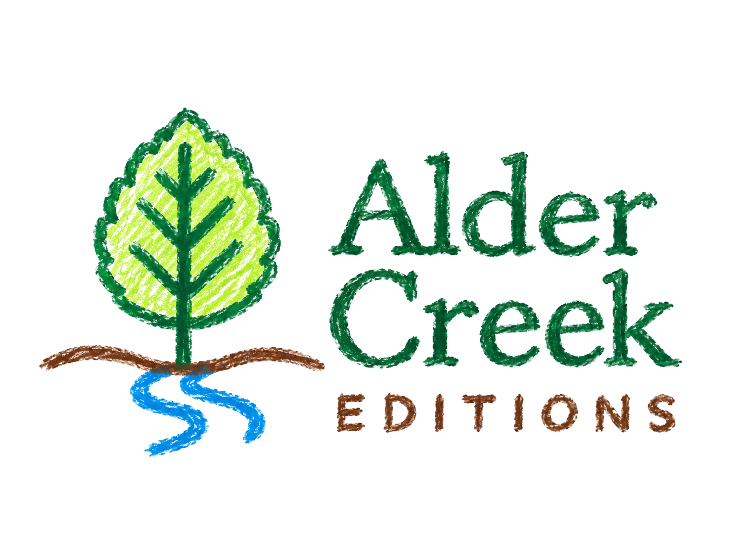 Alder Creek Editions children’s logo, drawn in crayon with a tree and blue creek