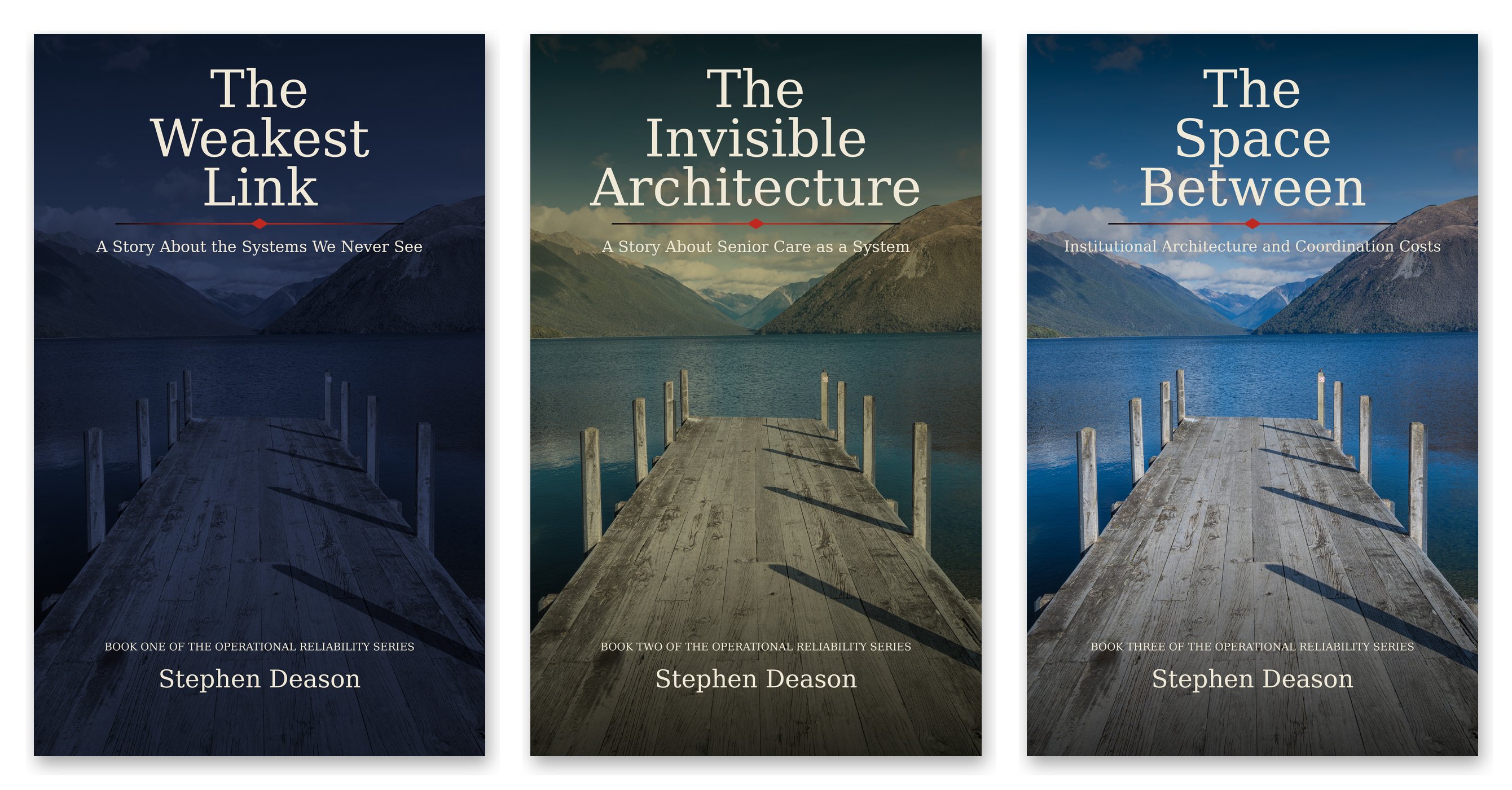 The covers of The Weakest Link, The Invisible Architecture, and The Space Between