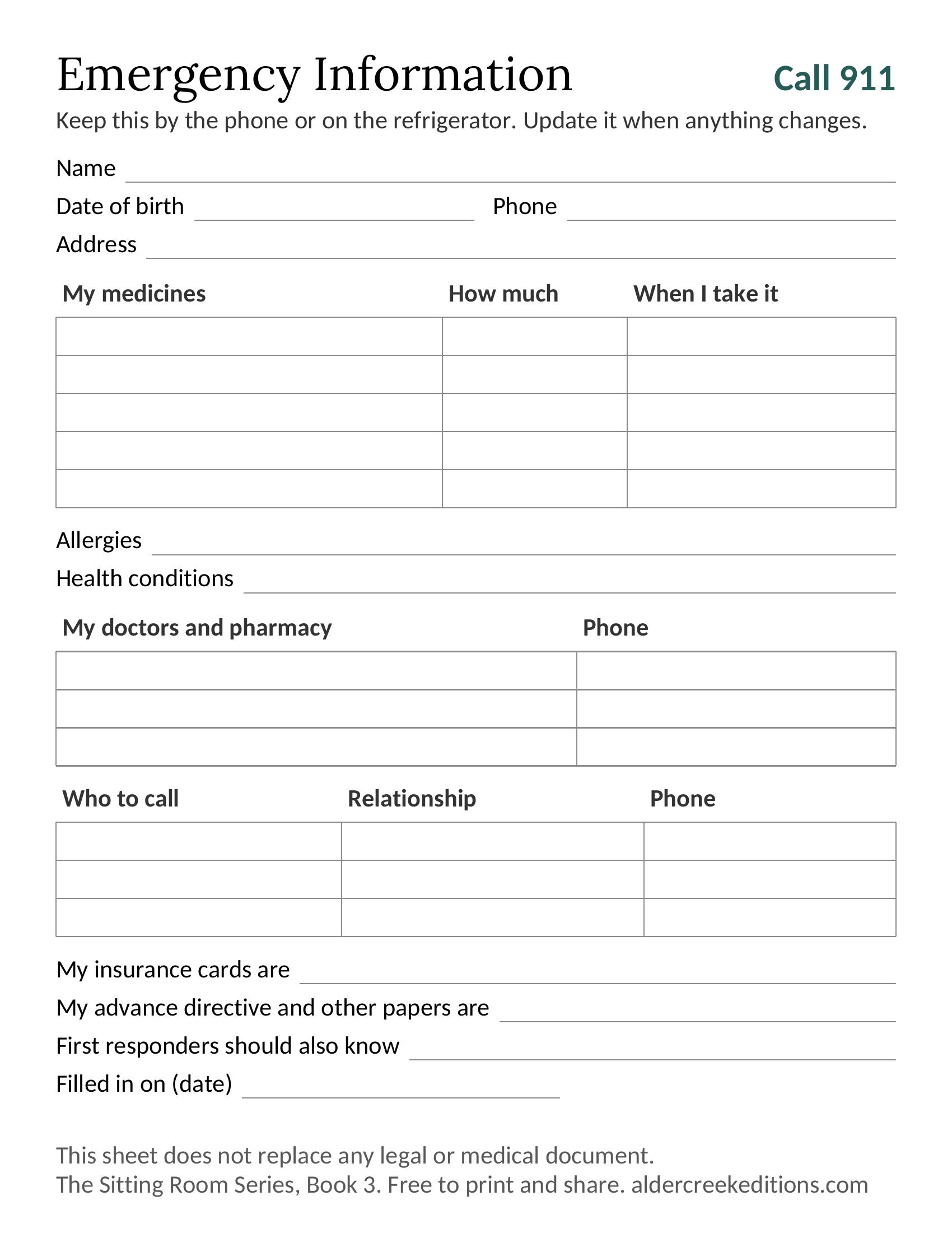 Cover of Emergency Information Sheet: One Page to Keep by the Phone, Book 3 of The Sitting Room Series, by Stephen Deason.
