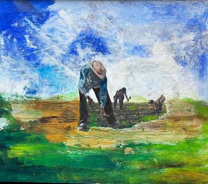 Field Worker, a mixed-media painting of farmworkers in a field