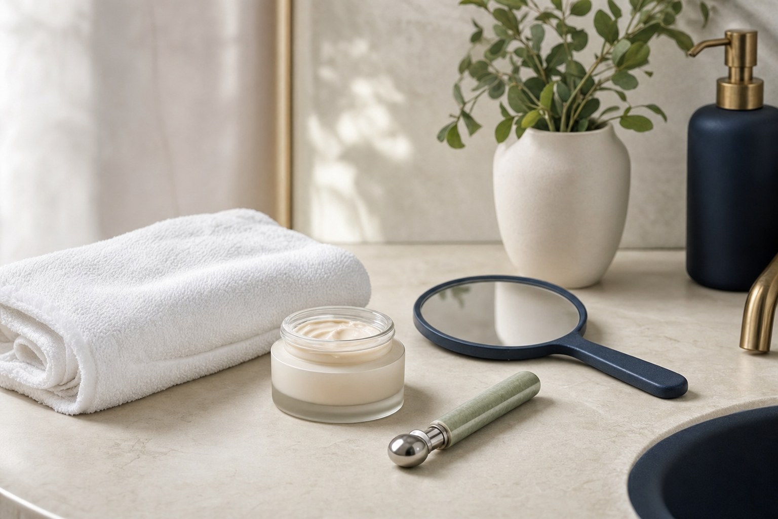 Eye cream, a serum roller, towel, and mirror on a bathroom counter