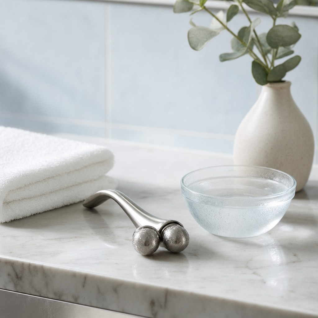 A cool metal roller and folded towel on a bathroom counter