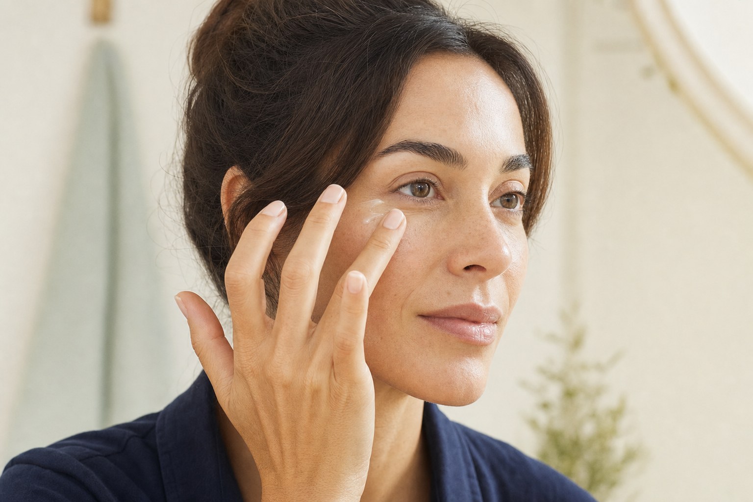 Person gently applying eye cream beneath the eye with a ring finger