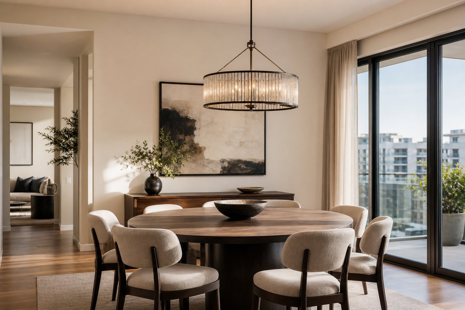 Statement chandelier balanced over a round dining table