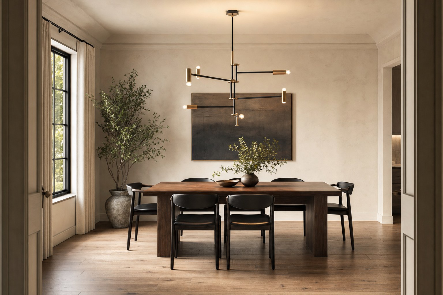 Contemporary dining room with a black and brass chandelier centered over a walnut table