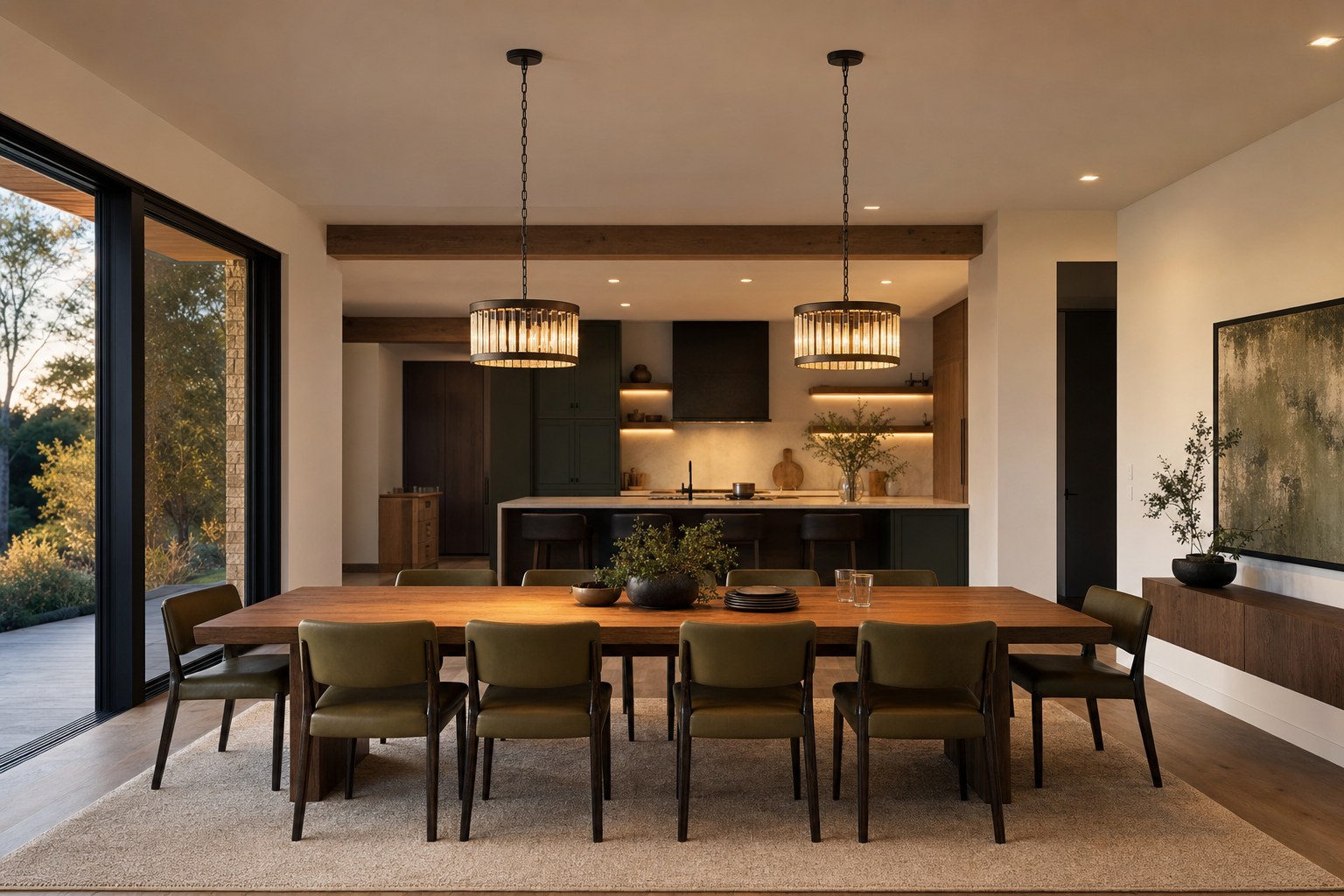 Long dining table with two matching pendant lights spaced above it