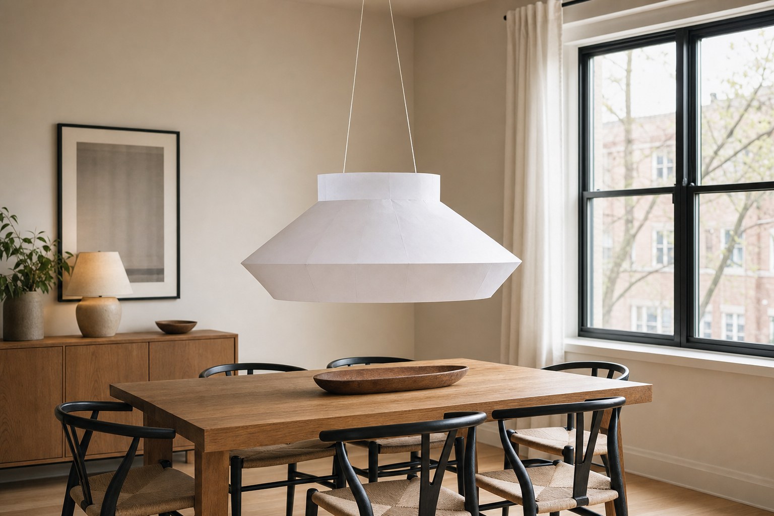 Paper chandelier mockup suspended above a rectangular dining table