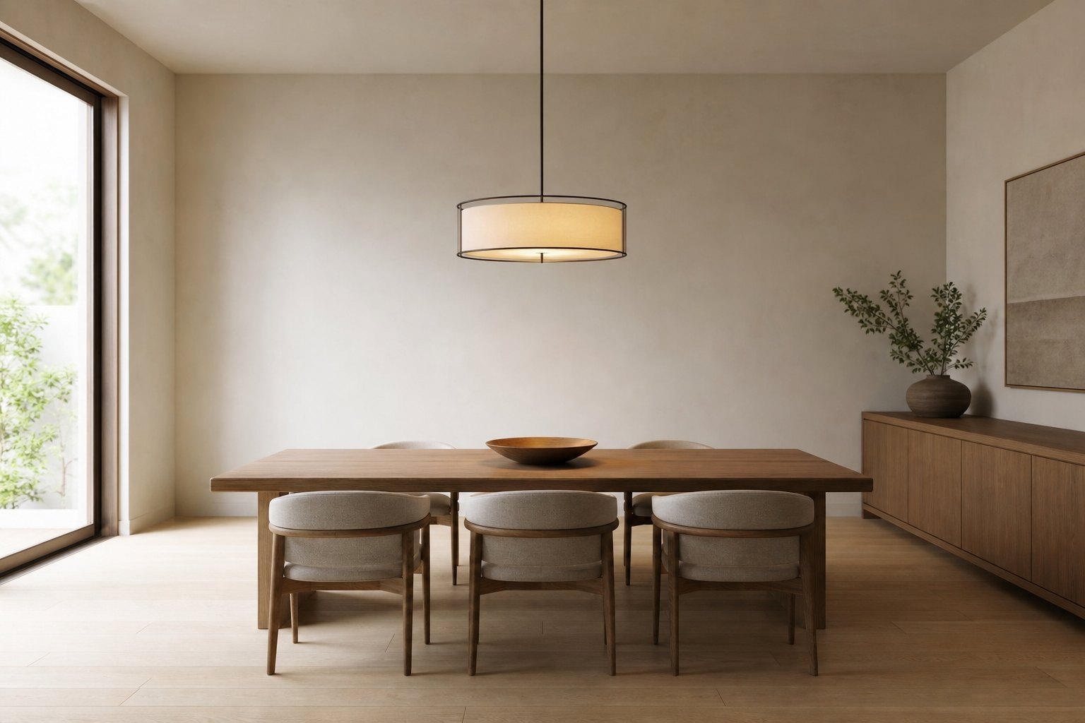 Pendant light with open clearance above a dining table